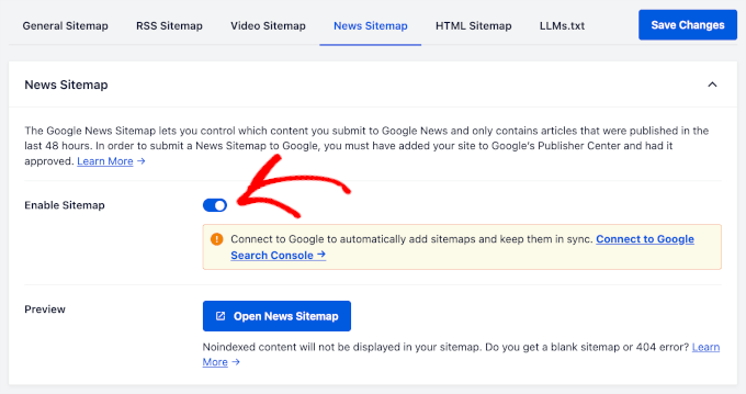 Abilitazione della sitemap notizie in AIOSEO