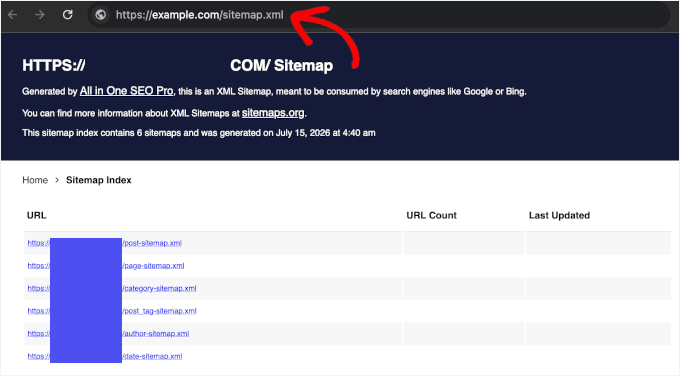 Copia dell'URL della sitemap