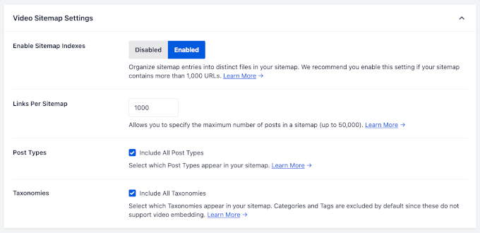 Impostazioni sitemap video