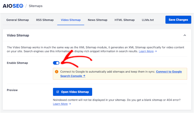 Abilitazione della sitemap video in AIOSEO