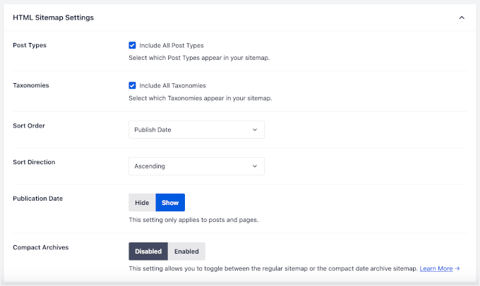 Impostazioni della sitemap HTML in AIOSEO