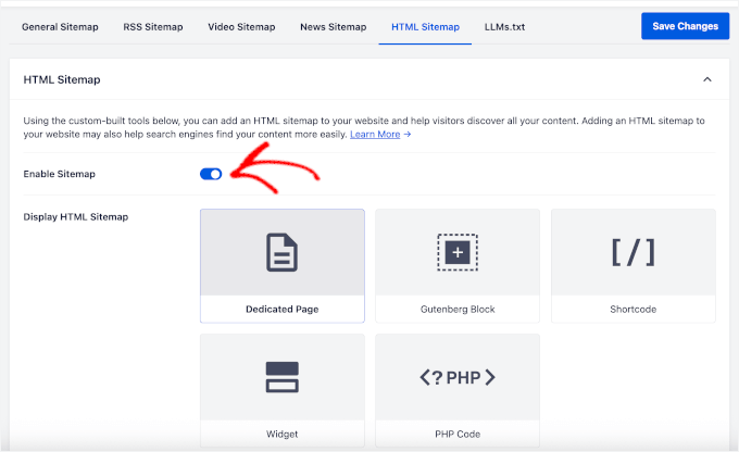 Pannello di impostazione Sitemap HTML: la sitemap è abilitata; le opzioni mostrate includono Pagina Dedicata (selezionata), Blocco Gutenberg, Shortcode, Widget e Codice PHP.