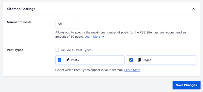 Impostazioni della sitemap RSS in AIOSEO