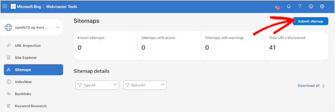 Il pulsante Invia sitemap in Bing Webmaster Tools