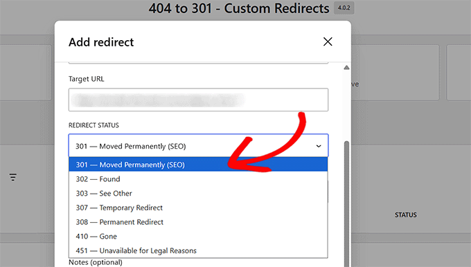 Choisissez un statut de redirection dans le plugin 404 to 301 Redirect Manager
