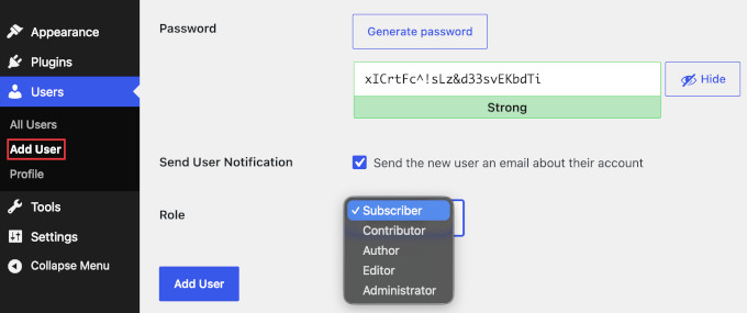 Choose user role for new user in WordPress