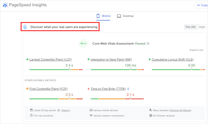 Screenshot of PageSpeed Insights showing a mobile view with the header'Discover what your real users are experiencing' highlighted and Core Web Vitals metrics (LCP, INP, CLS) with a 'Passed' status.