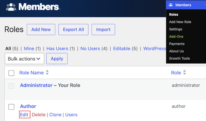 Edit user role in Members plugin