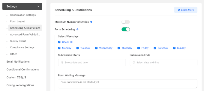 Fluent Forms' scheduling and restriction settings