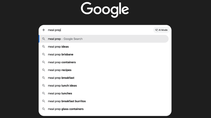 ミールプレップのキーワード候補を表示するGoogleオートコンプリートドロップダウン