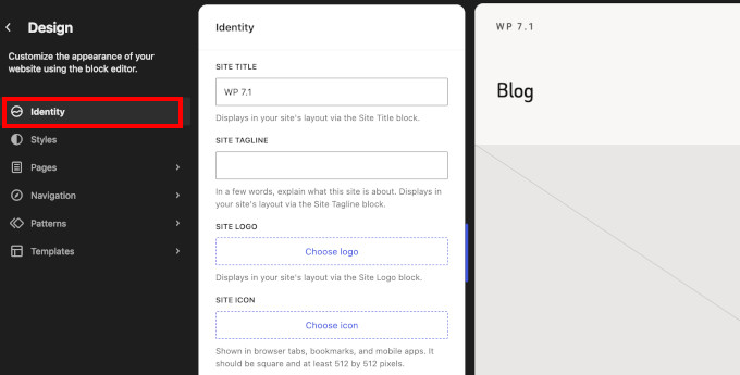 Fila nouă 'Identitate' în editorul de site