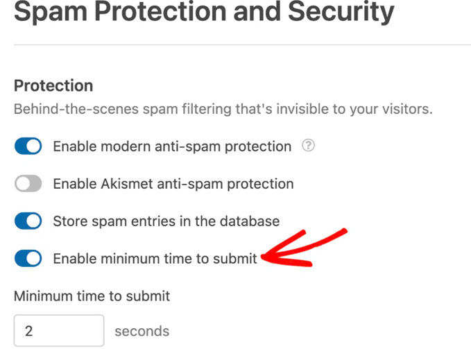 Le réglage WPForms de temps minimum pour soumettre anti-spam