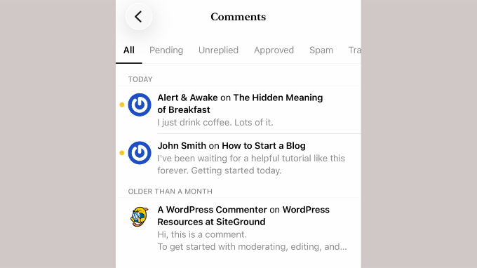 Gestionarea comentariilor în aplicația mobilă WordPress