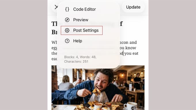 Configurarea setărilor postării în aplicația mobilă WordPress