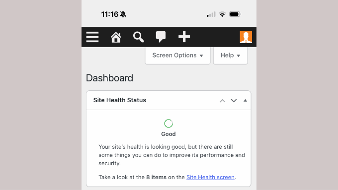 Tabloul de bord WordPress într-un browser mobil