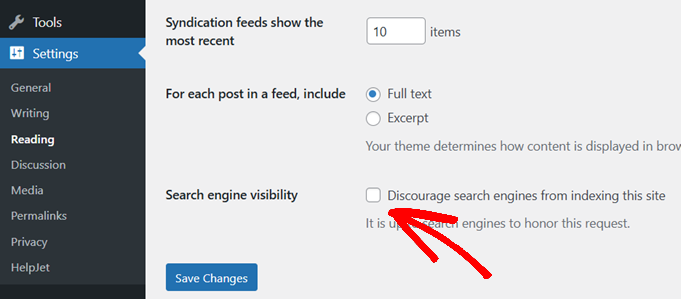 WordPress admin Reading Settings page with feed content options and a'Discourage search engines' checkbox highlighted by an arrow in the right pane (arrow points to SEO visibility).