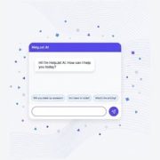 Screenshot of a HelpJet AI chat widget with a purple header, greeting message, and chat bubbles; shows a text input field at the bottom with a send button on the right.