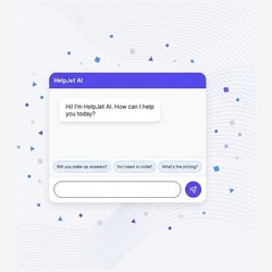 Screenshot of a HelpJet AI chat widget with a purple header, greeting message, and chat bubbles; shows a text input field at the bottom with a send button on the right.