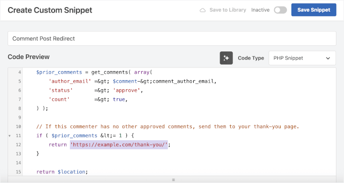 Ajout de l’extrait de code pour la redirection des articles de commentaires