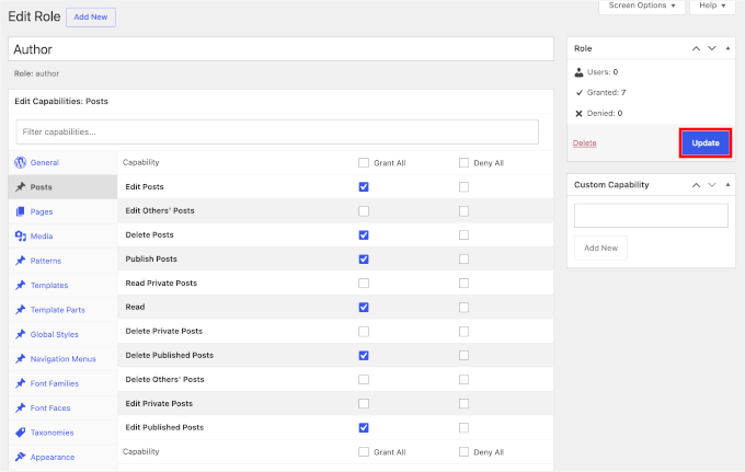 Updating author role's permissions