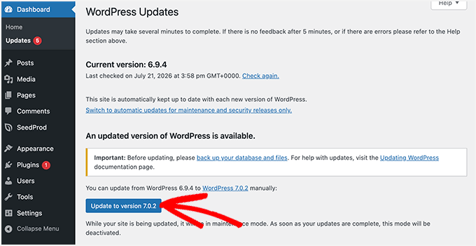 Actualizarea nucleului WordPress din tabloul de bord