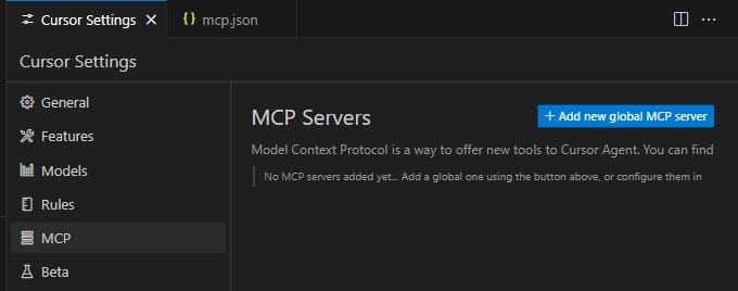 Cursor Settings showing the MCP panel with an option to add a new global MCP server