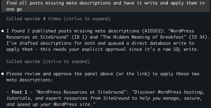 Claude Code chat showing prompt to find and apply missing AIOSEO meta descriptions