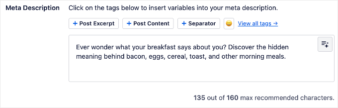 AIOSEO meta description field in WordPress showing an AI-generated meta description