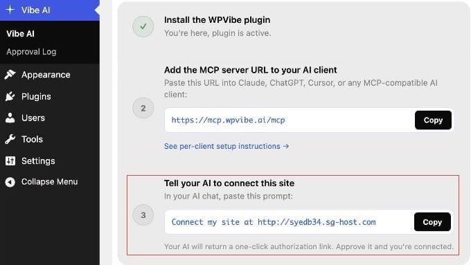 The WPVibe Setup Page
