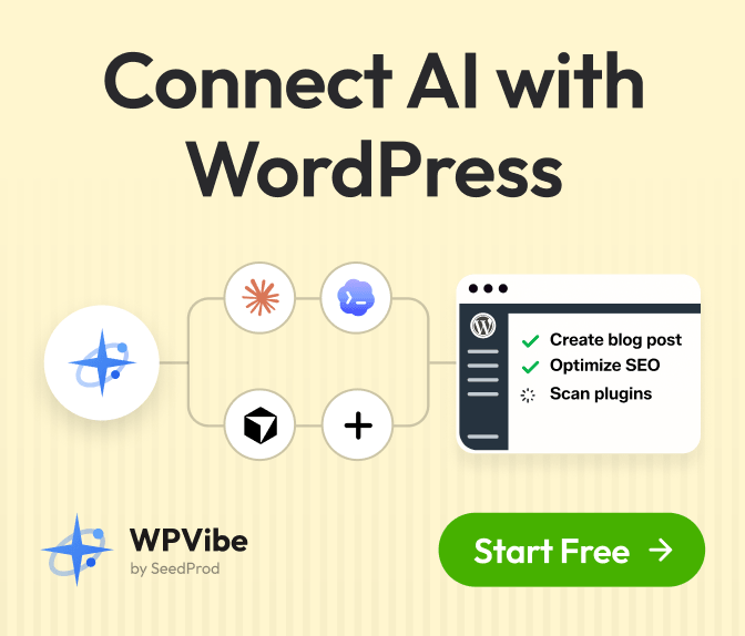 Hero illustration: 'Connect AI with WordPress' with a flow diagram linking AI icons to a WordPress editor, WPVibe logo, and a green Start Free button.