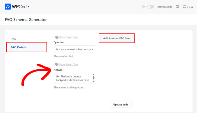 Write questions and answers in WPCode's FAQ schema generator
