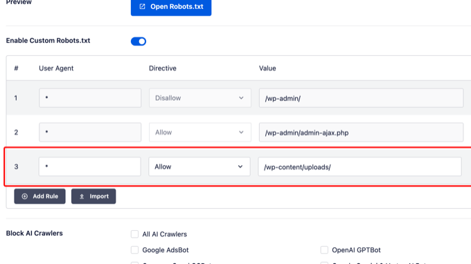 Agregar una regla personalizada en el editor robots.txt de All in One SEO