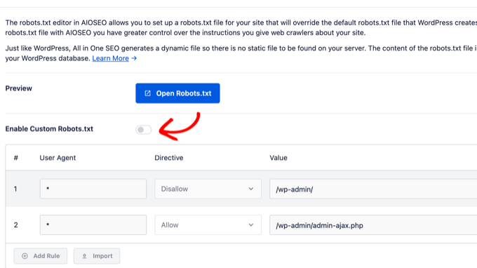 Habilitar el interruptor personalizado de robots.txt