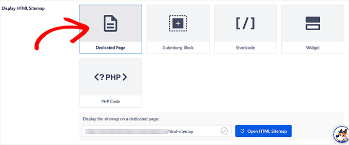 AIOSEOでHTMLサイトマップを表示するには、専用ページオプションを選択します