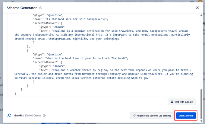 Click the Add Schema button to add the FAQ schema to your page