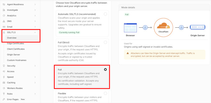 Configure o SSL do Cloudflare definindo-o como modo Completo.