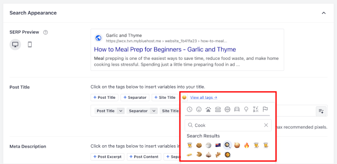 Choisir un emoji à ajouter au titre SEO à l'aide d'AIOSEO
