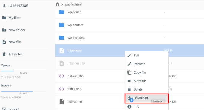 Baixe o arquivo .htaccess para o seu computador como backup