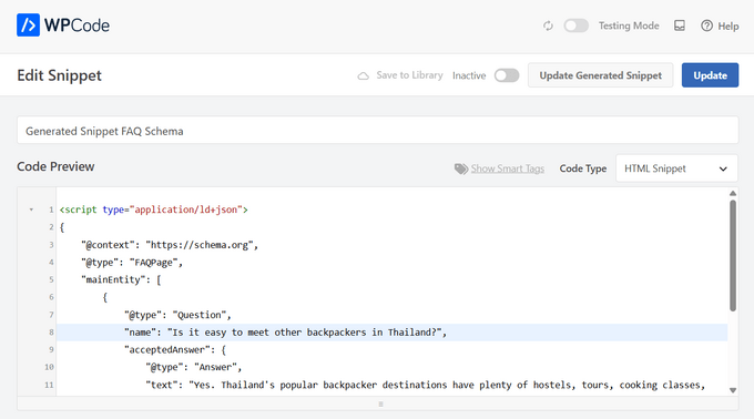 Edit snippet screen in WPCode