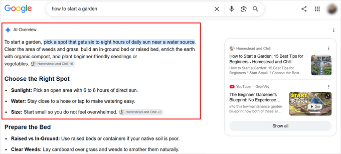Example of Google AI Overview citing FAQ content