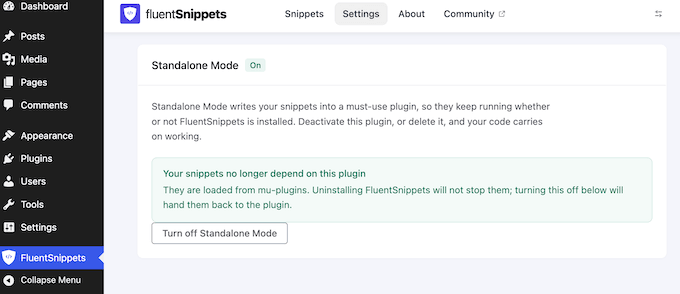 Aktivieren des Standalone-Modus für das Fluentsnippet WordPress-Plugin