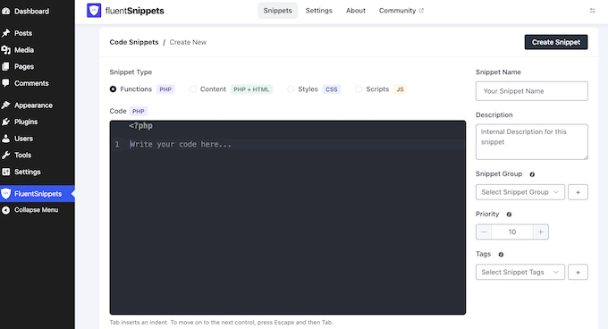 Hinzufügen eines Code-Snippets zu Ihrer Website mit dem FluentSnippet-Plugin