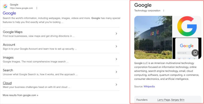 ナレッジグラフの回答ボックスの例 Google