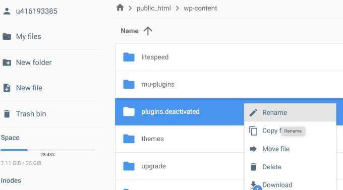Renomeie a pasta de plugins para desativar todos os plugins do WordPress