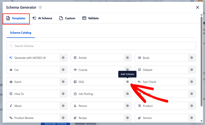 Click the FAQ option in the schema templates catalog