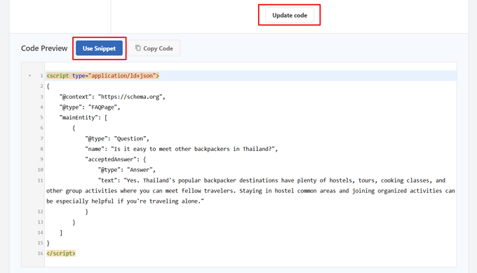 Click the Update Code button and then the Use Snippet button
