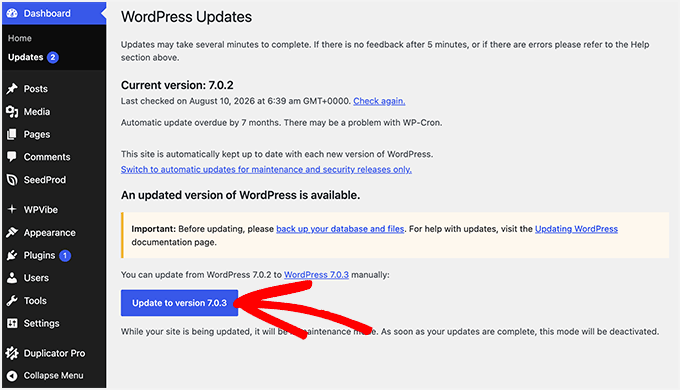 WordPress管理ダッシュボードの更新画面