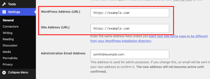 Endereço e URL do site WordPress