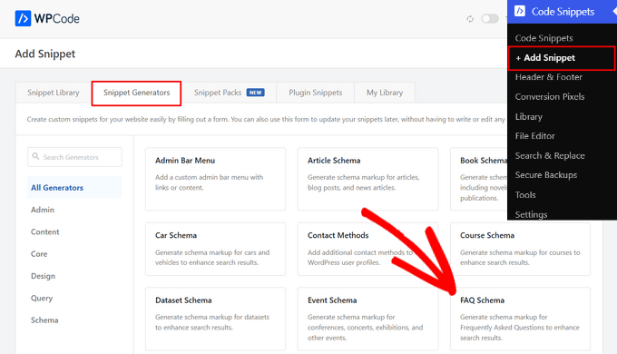Select FAQ Schema from WPCode's snippet generators