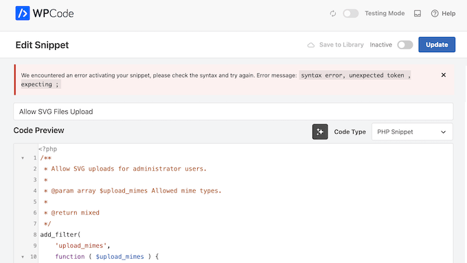 Ein Beispiel für einen Syntaxfehler, hervorgehoben im WPCode-Editor
